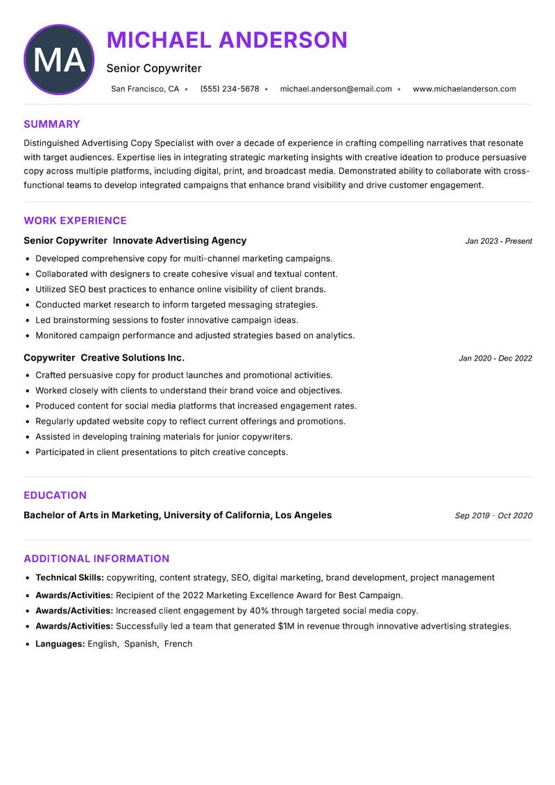 Advertising Copy Specialist Resume Preview Example