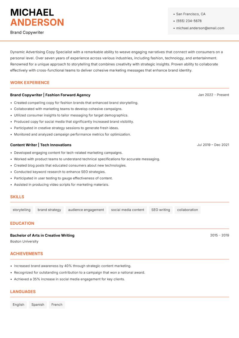 Advertising Copy Specialist Resume Template