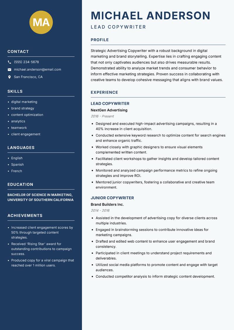 Advertising Copywriter Resume Preview Example