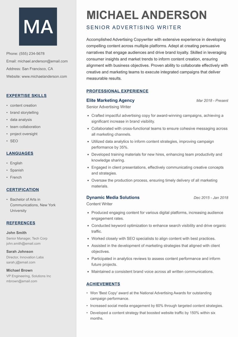 Advertising Copywriter Resume Preview Example