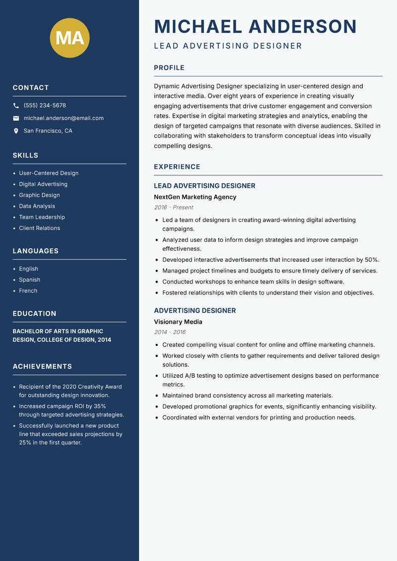 Advertising Designer Resume Preview Example