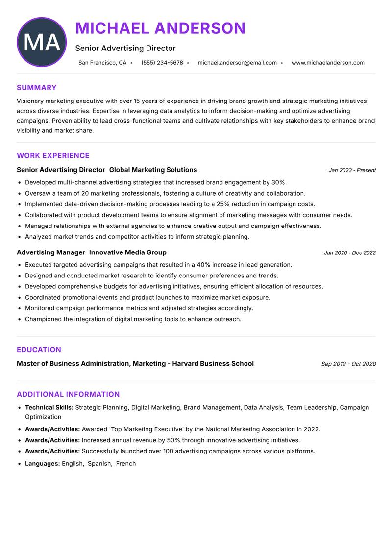 Advertising Director Resume Preview Example