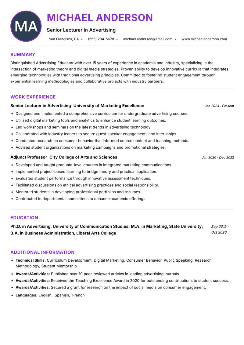 Advertising Educator Resume Preview Example