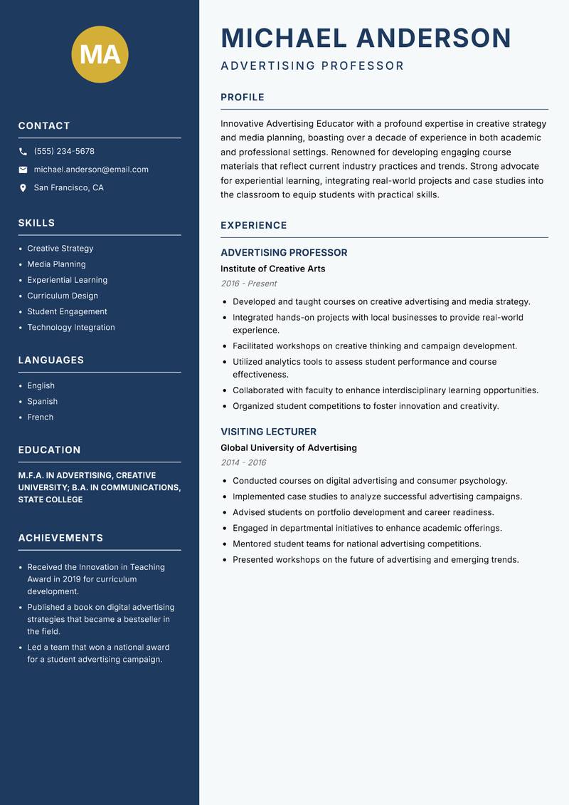 Advertising Educator Resume Preview Example