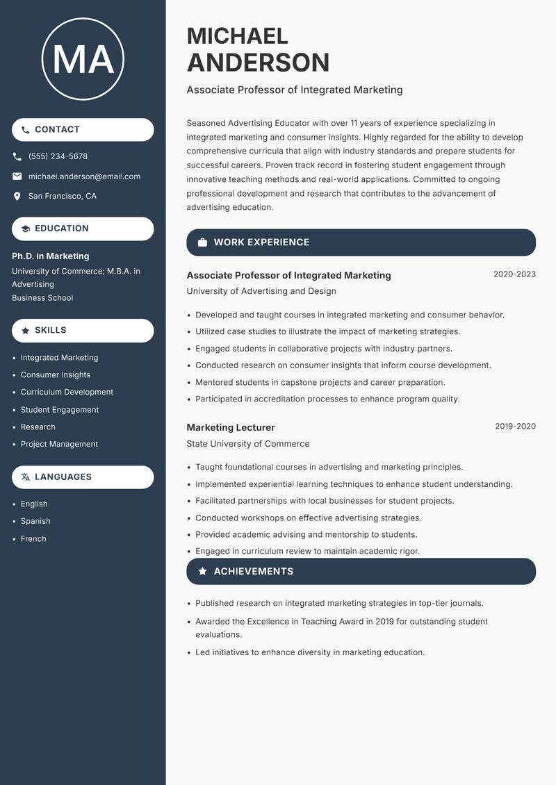 Advertising Educator Resume Preview Example