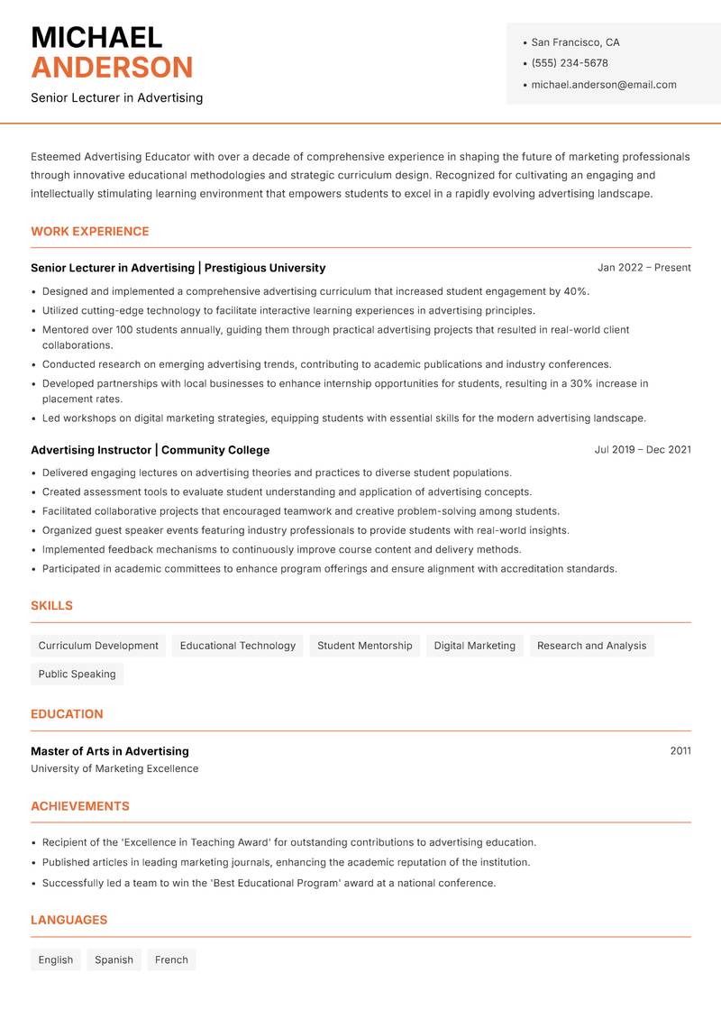 Advertising Educator Resume Template