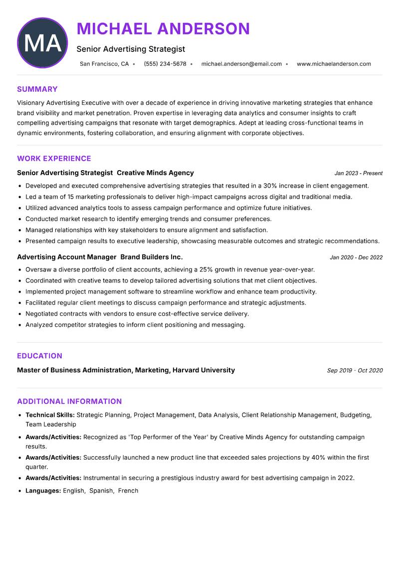 Advertising Executive Resume Preview Example