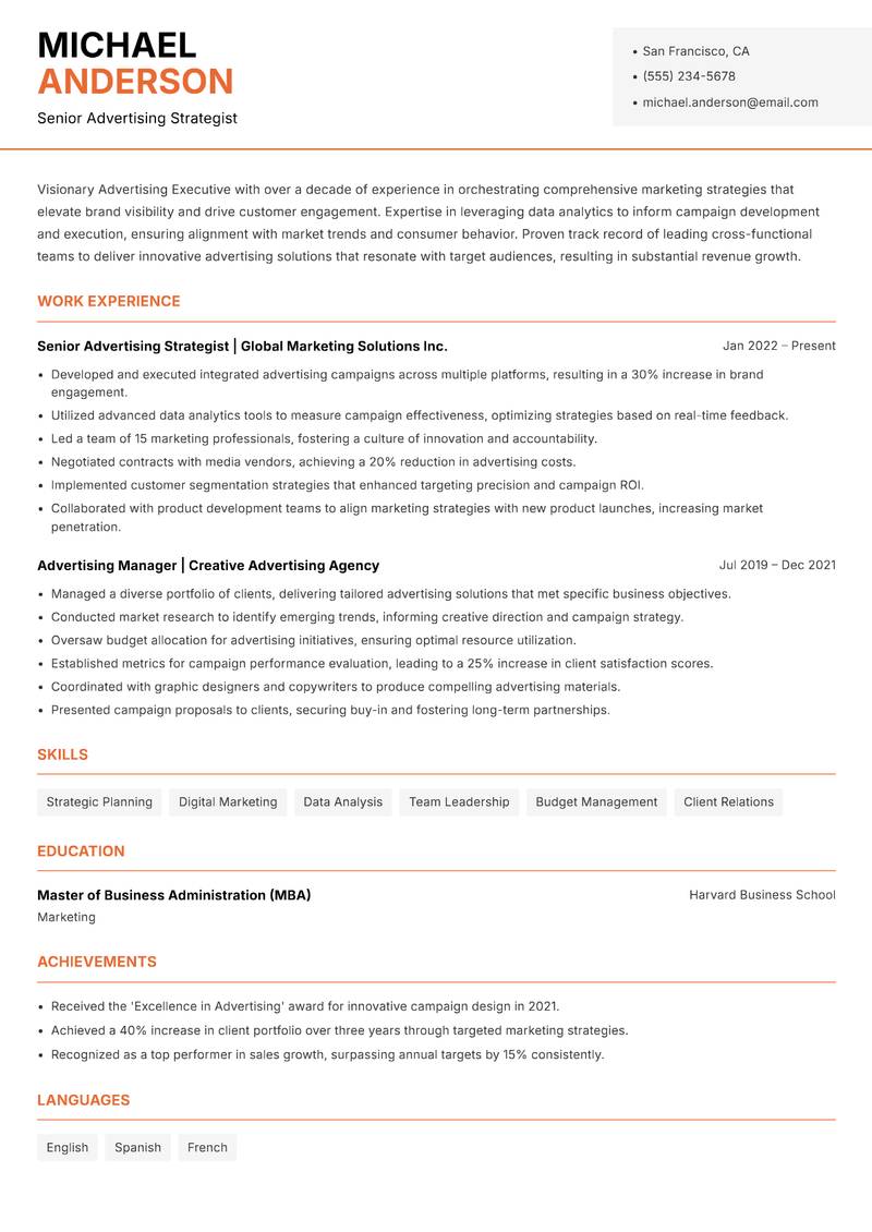 Advertising Executive Resume Template