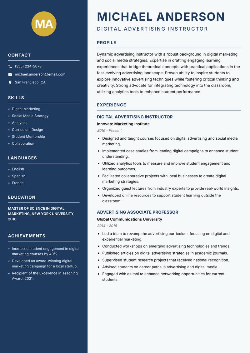 Advertising Instructor Resume Preview Example