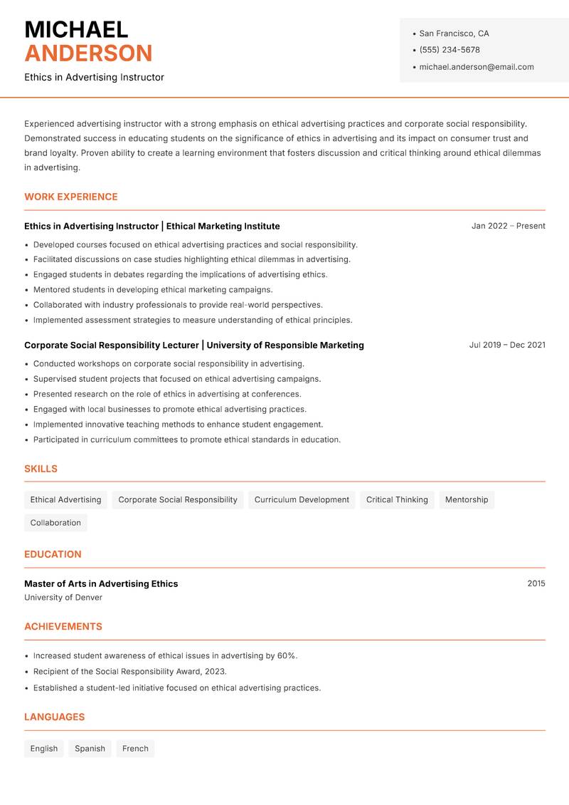 Advertising Instructor Resume Template