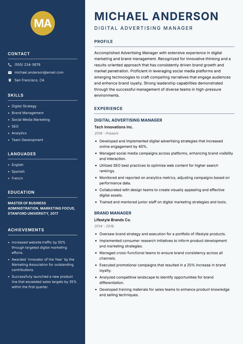 Advertising Manager Resume Preview Example