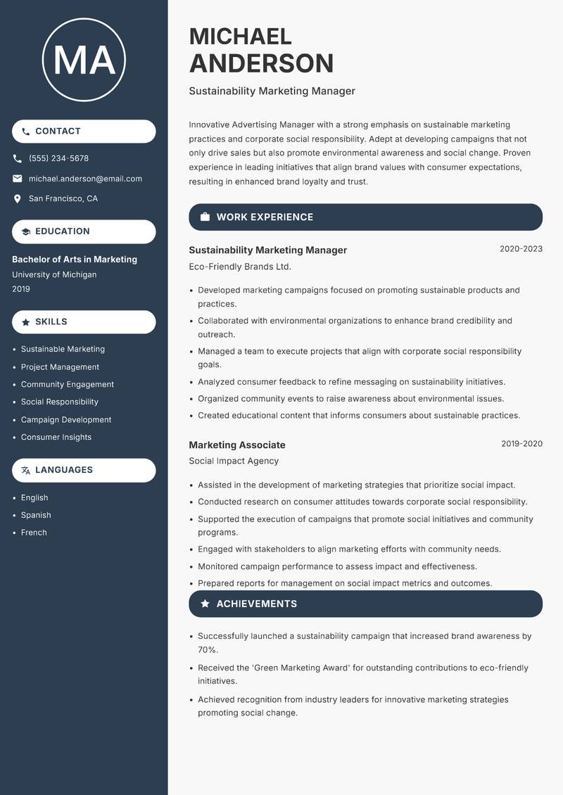Advertising Manager Resume Preview Example