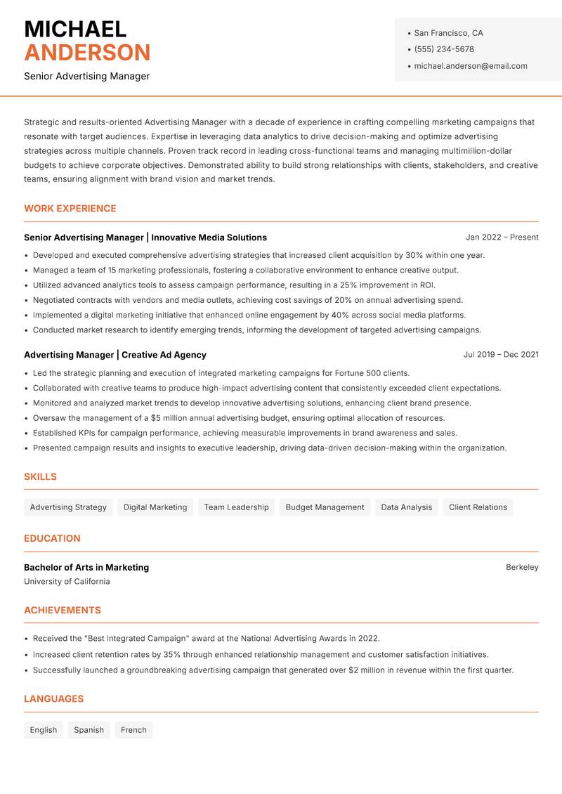 Advertising Manager Resume Template