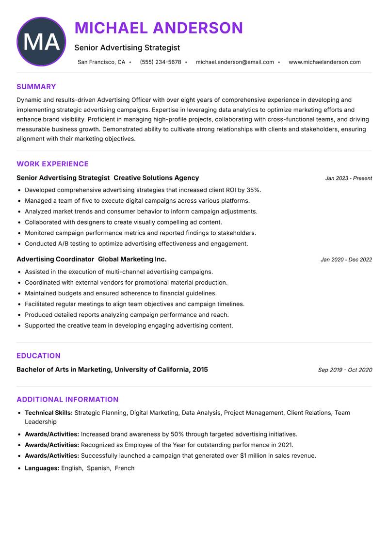 Advertising Officer Resume Preview Example