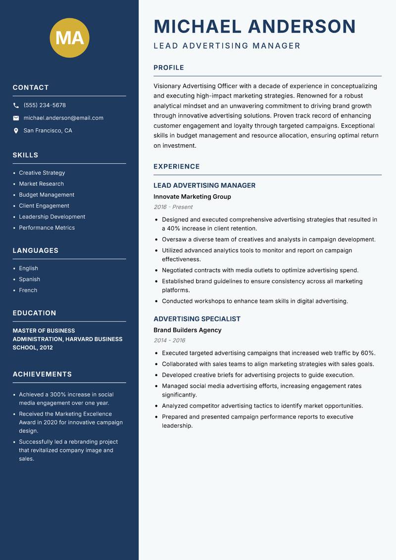 Advertising Officer Resume Preview Example