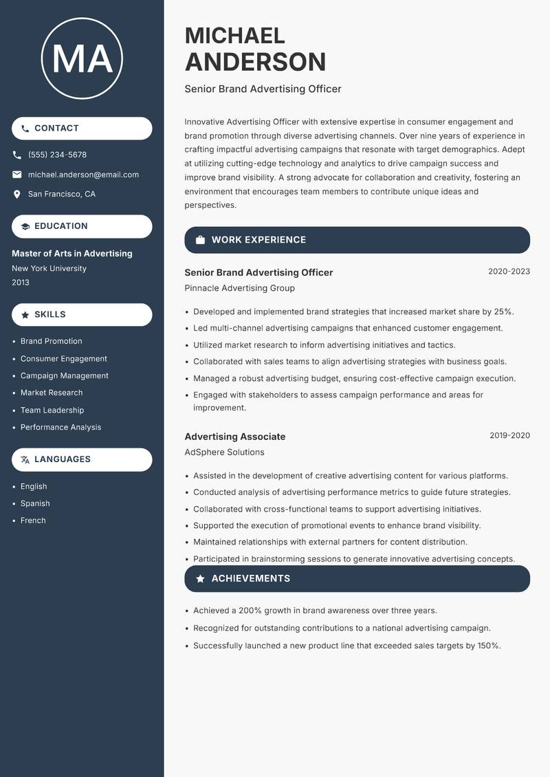 Advertising Officer Resume Preview Example