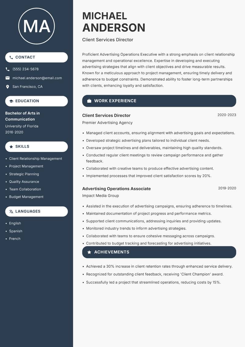 Advertising Operations Executive Resume Preview Example