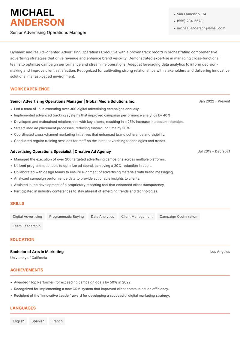 Advertising Operations Executive Resume Template