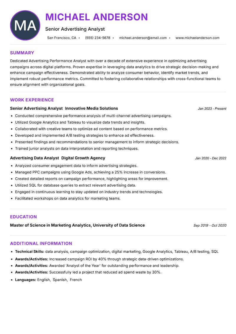 Advertising Performance Analyst Resume Preview Example