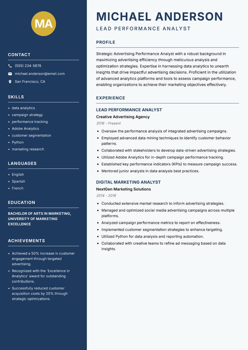 Advertising Performance Analyst Resume Preview Example