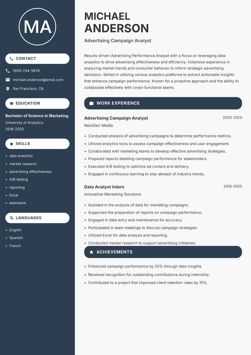 Advertising Performance Analyst Resume Preview Example