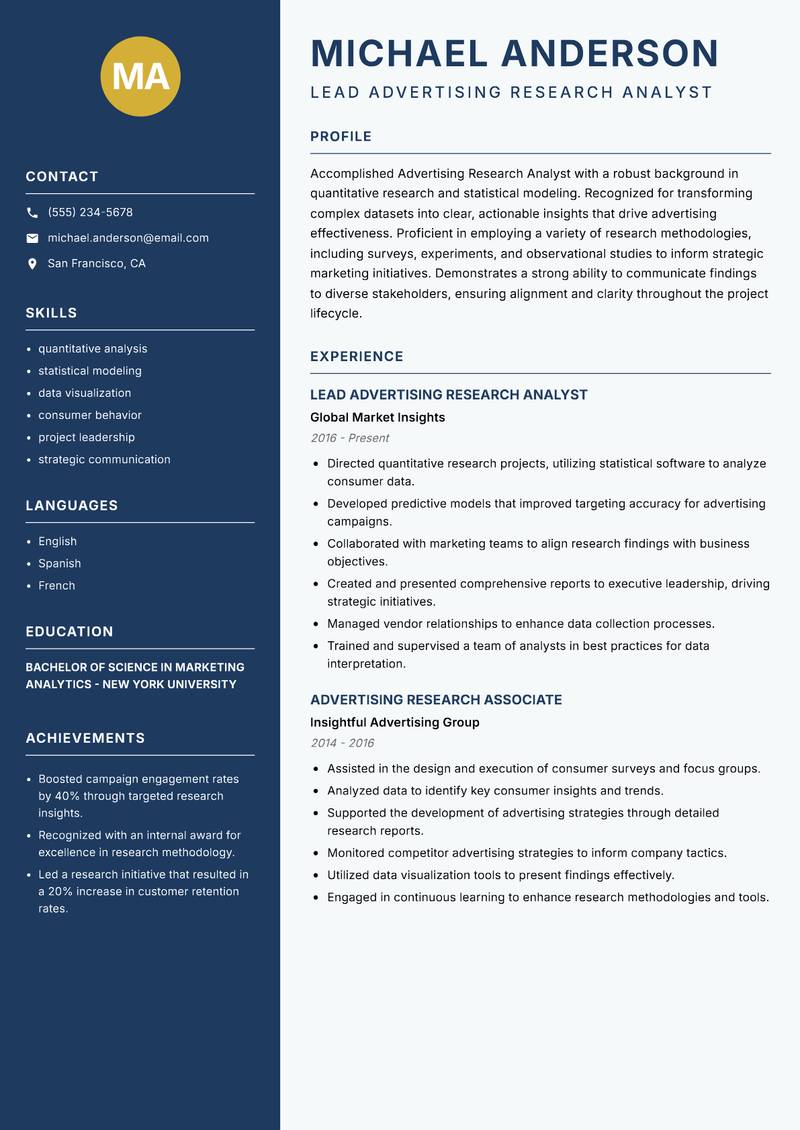 Advertising Research Analyst Resume Preview Example