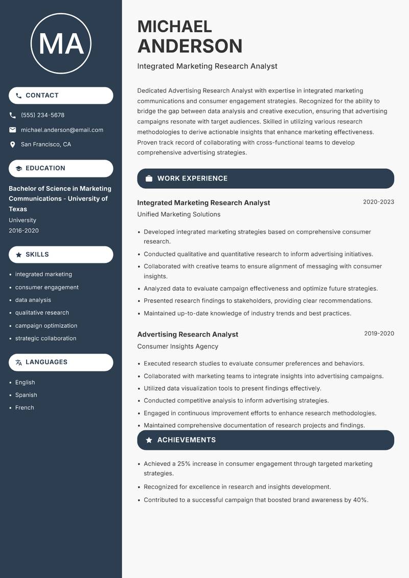 Advertising Research Analyst Resume Preview Example
