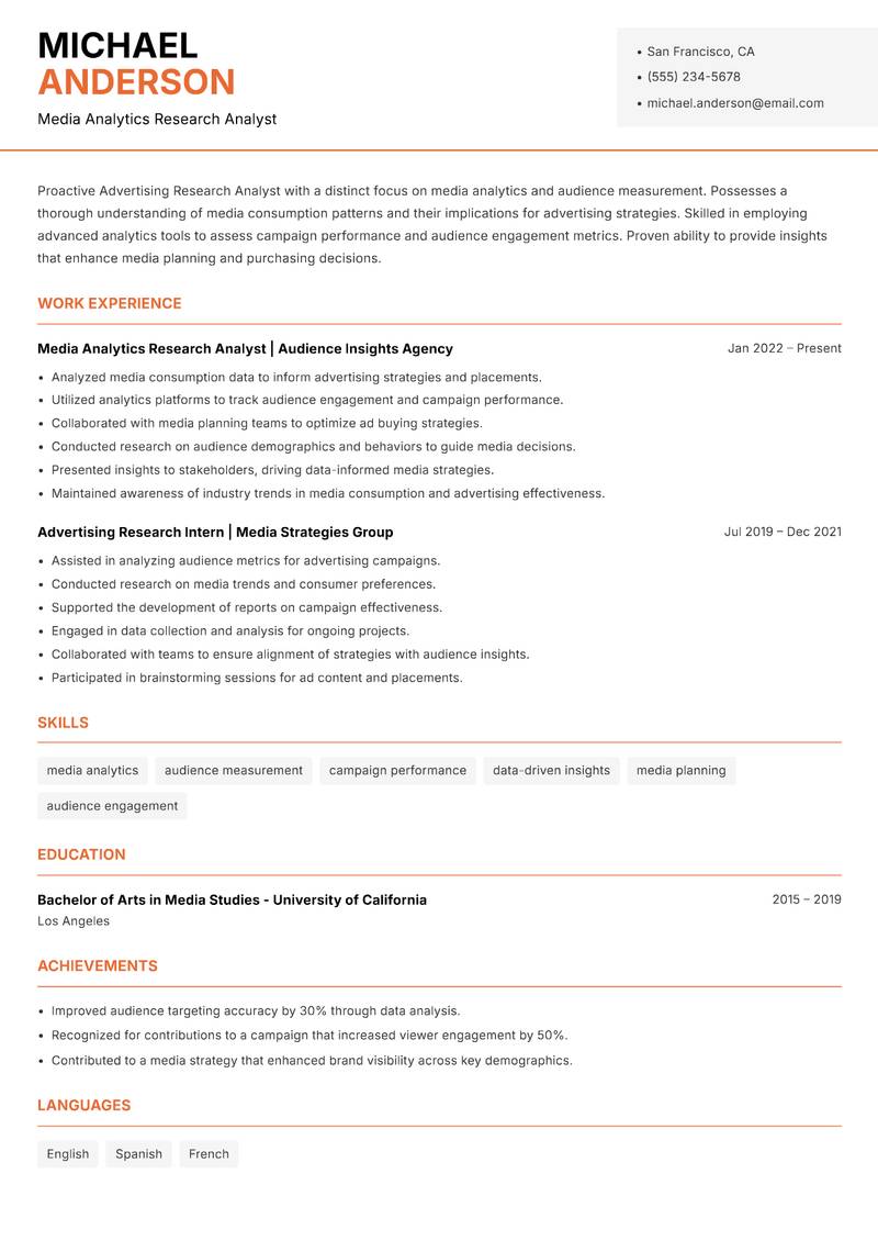 Advertising Research Analyst Resume Template