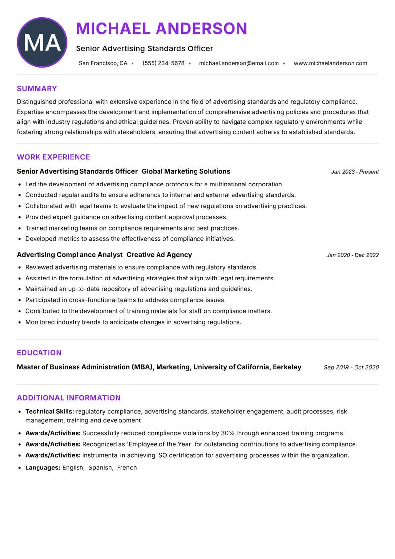 Advertising Standards Officer Resume Preview Example