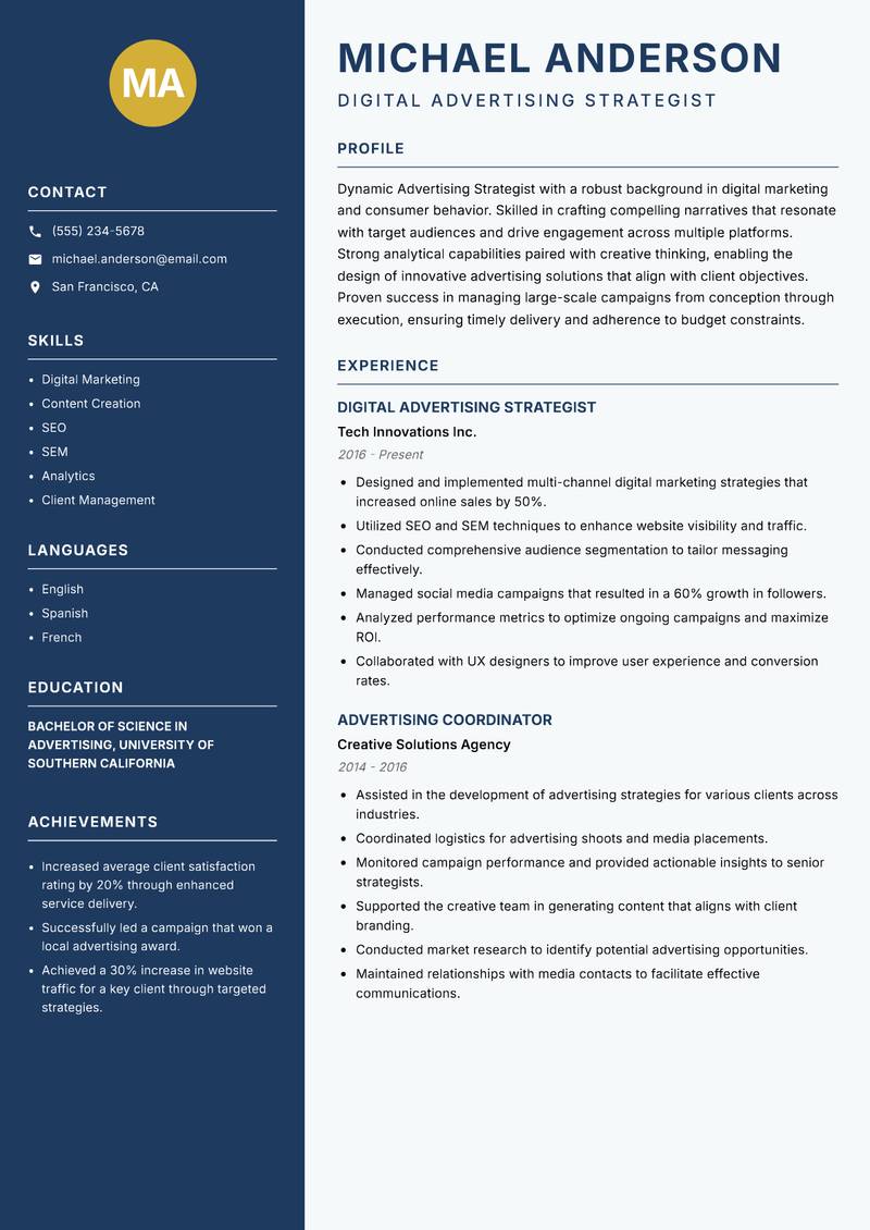 Advertising Strategist Resume Preview Example