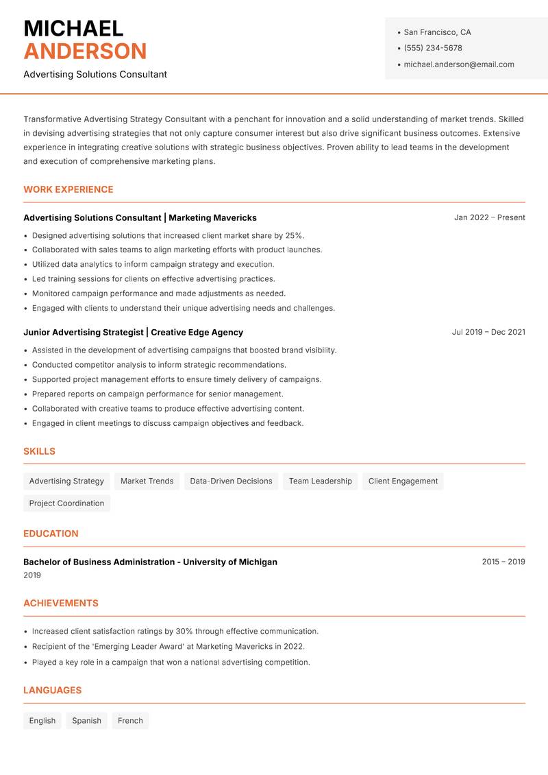 Advertising Strategy Consultant Resume Template