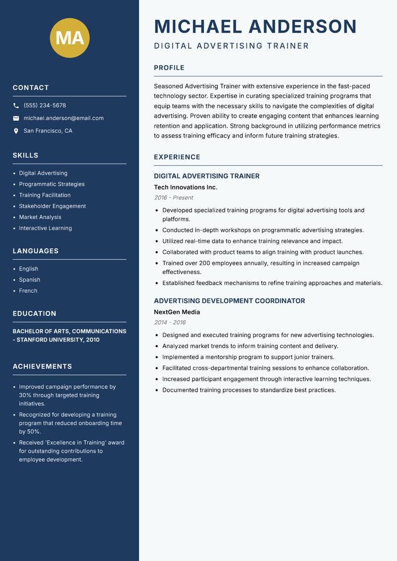 Advertising Trainer Resume Preview Example