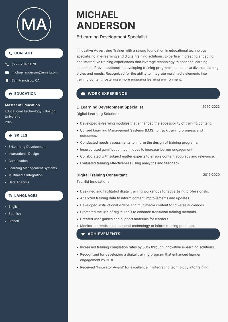 Advertising Trainer Resume Preview Example