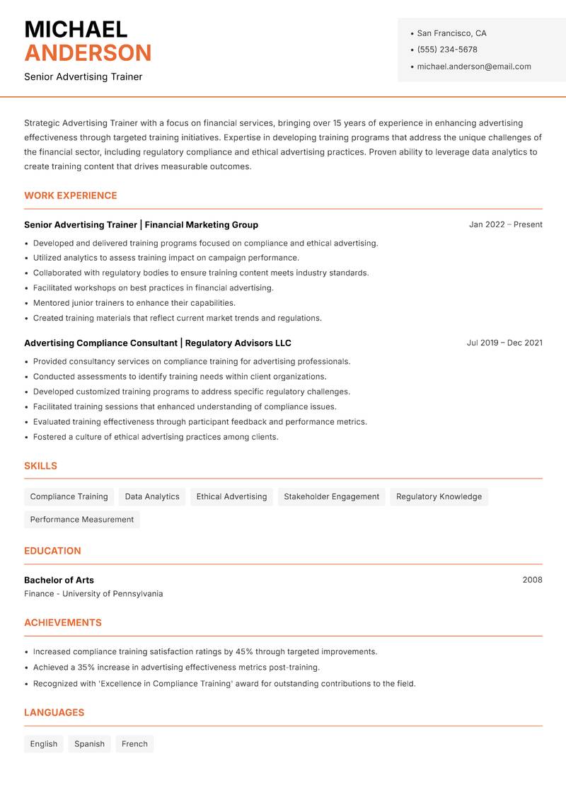 Advertising Trainer Resume Template
