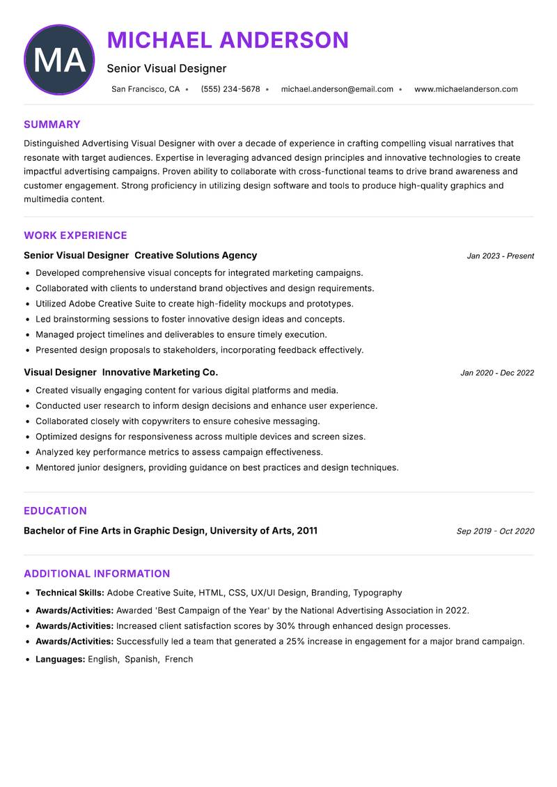 Advertising Visual Designer Resume Preview Example