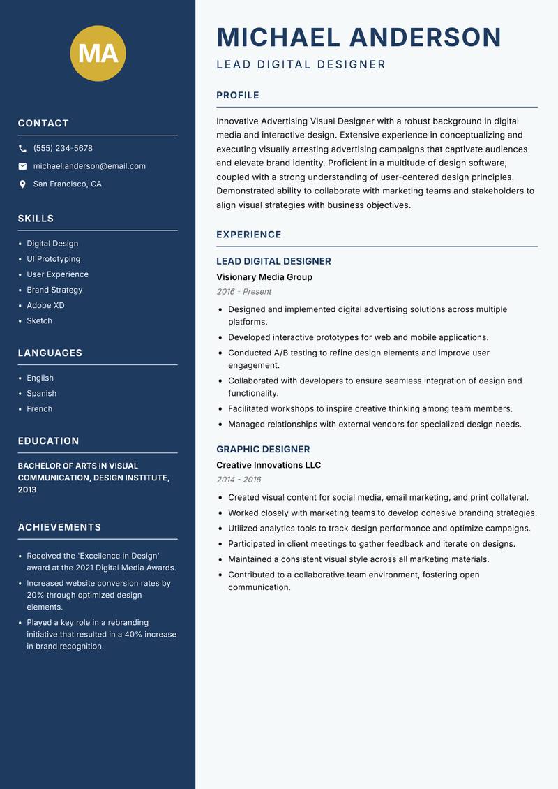 Advertising Visual Designer Resume Preview Example