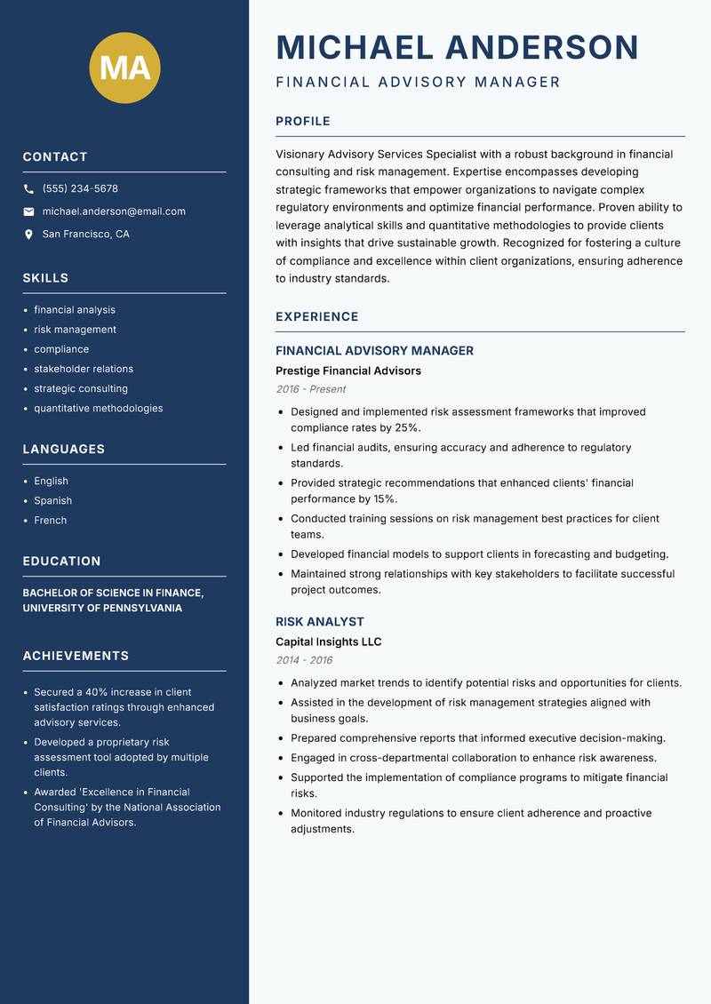 Advisory Services Specialist Resume Preview Example