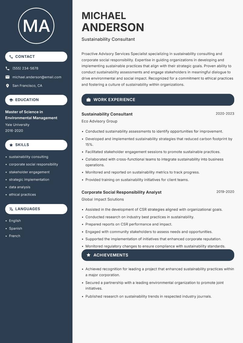 Advisory Services Specialist Resume Preview Example