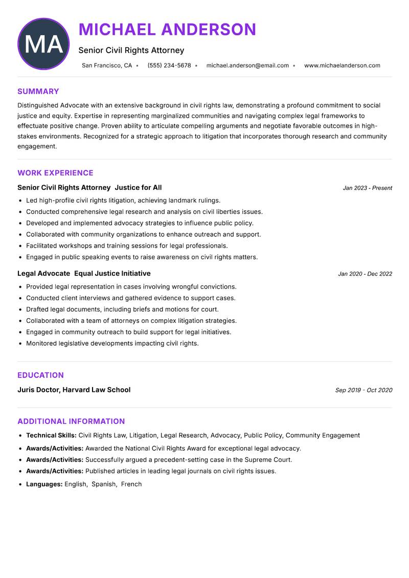 Advocate Resume Preview Example