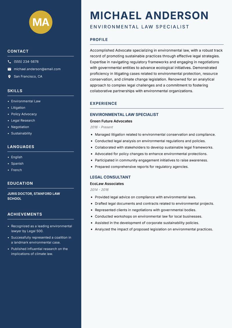 Advocate Resume Preview Example