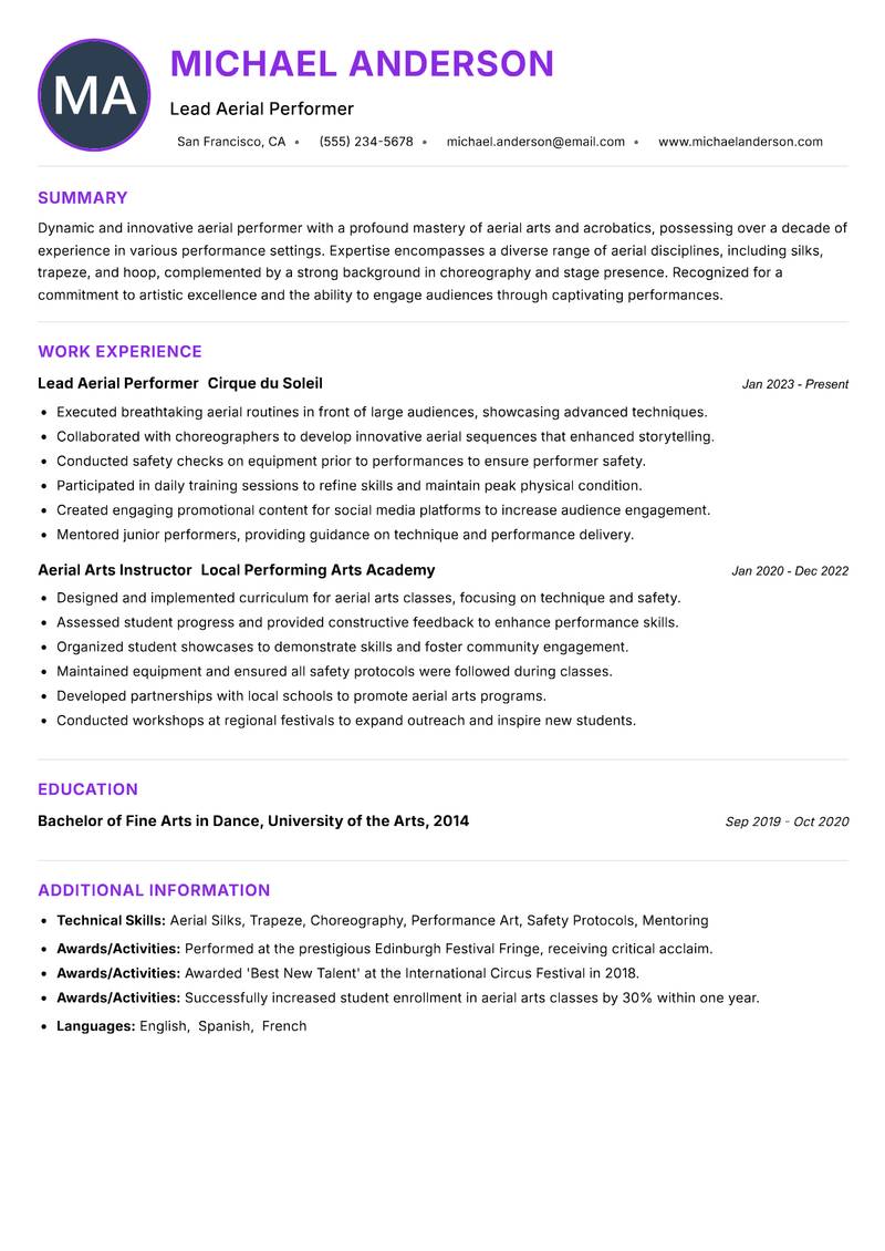 Aerial Performer Resume Preview Example