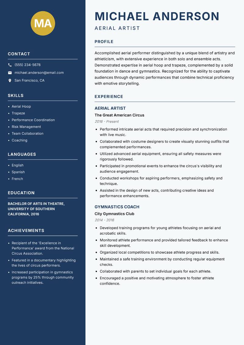 Aerial Performer Resume Preview Example