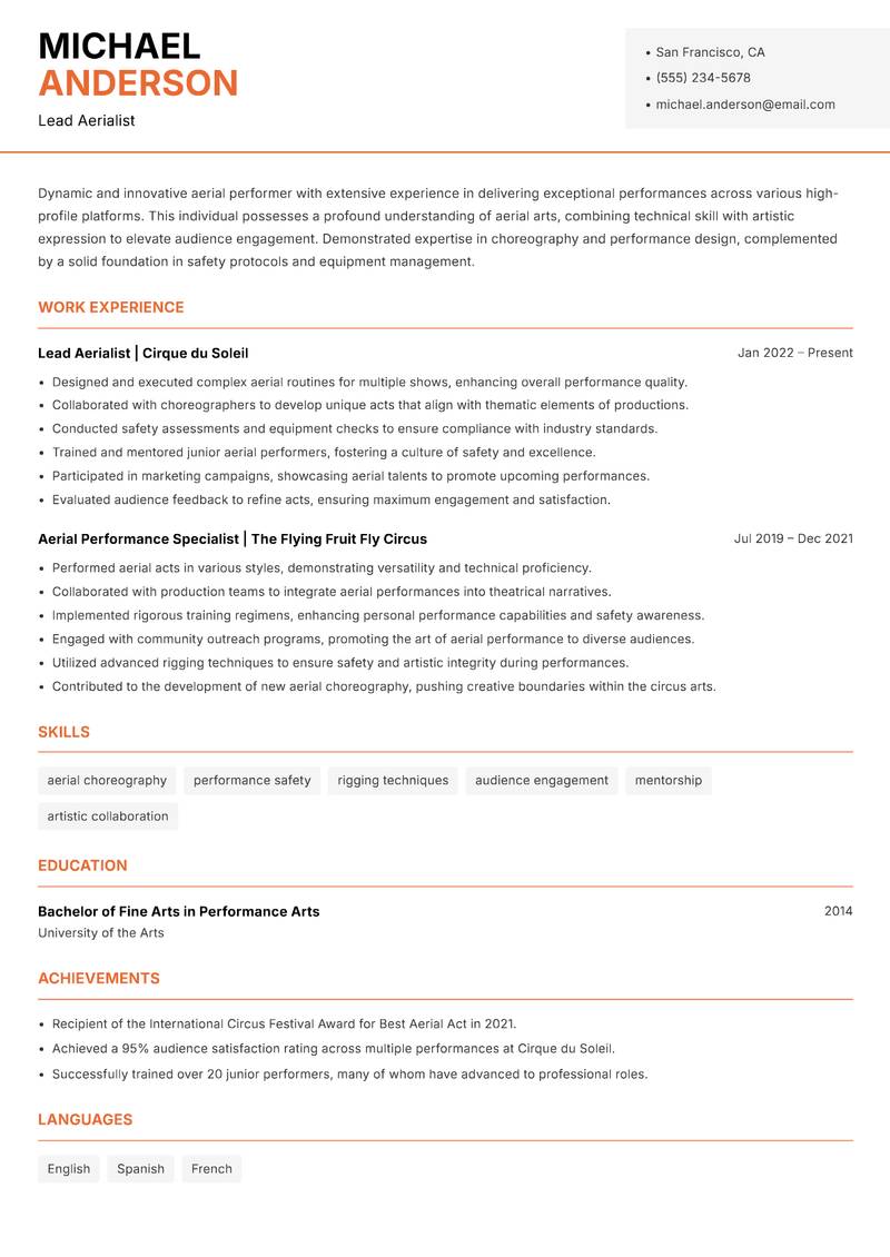 Aerial Performer Resume Template