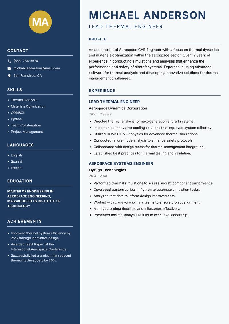 Aerospace CAE Engineer Resume Preview Example