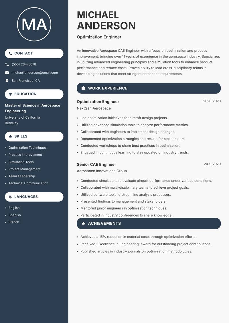 Aerospace CAE Engineer Resume Preview Example