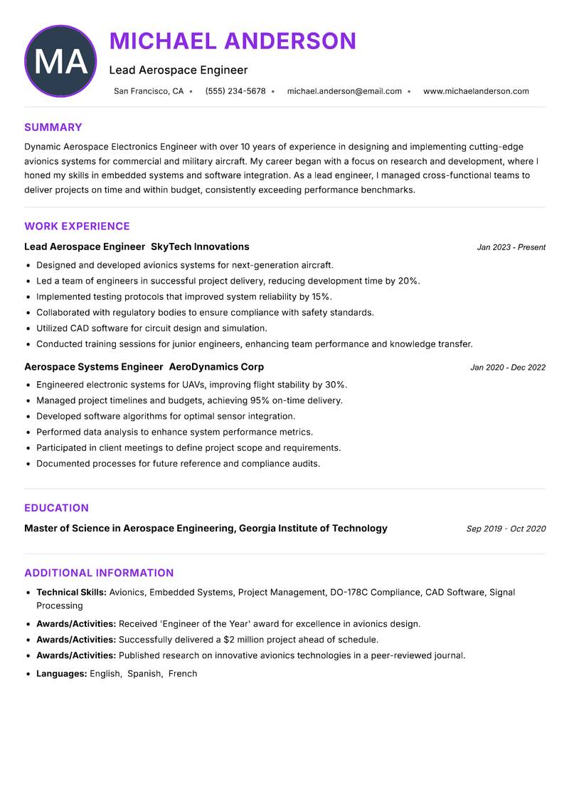 Aerospace Electronics Engineer Resume Preview Example