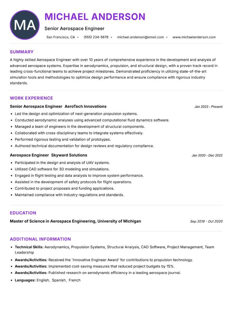 Aerospace Engineer Resume Preview Example