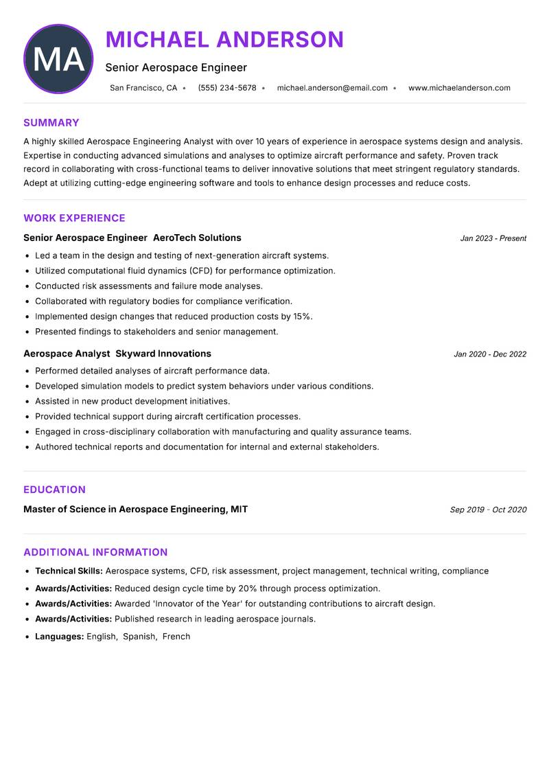 Aerospace Engineering Analyst Resume Preview Example