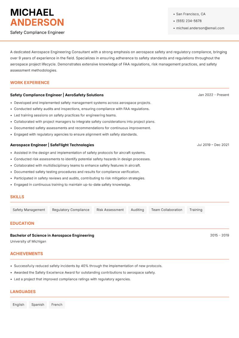 Aerospace Engineering Consultant Resume Template