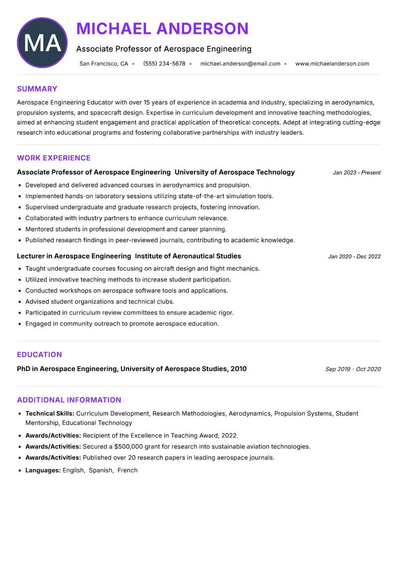 Aerospace Engineering Educator Resume Preview Example